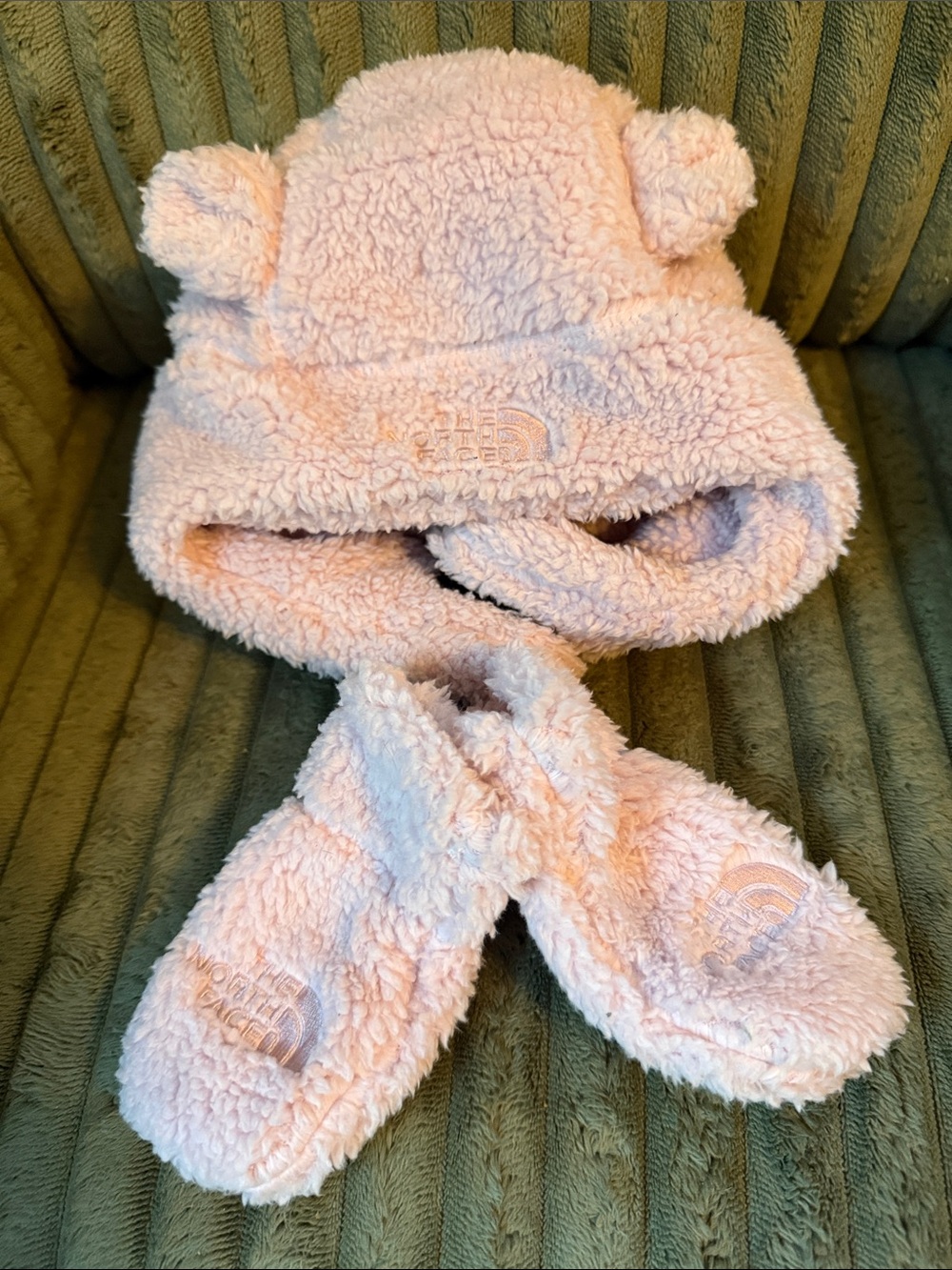 The North Face Soft Pink Sherpa Hat with Bear Ears and Matching Mittens